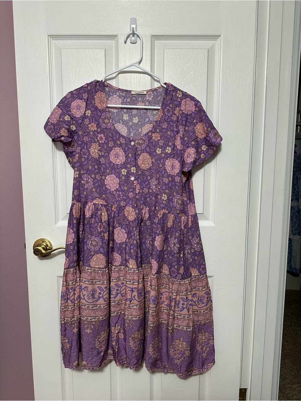 Sunday Up Large NWOT Purple Floral Short-Sleeve Tiered Midi Dress Never Worn